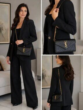 Black Quilted Envelope Chain Shoulder Bag Gold Hardware Crossbody